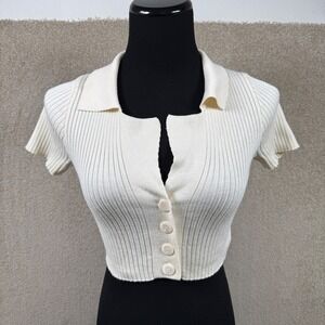 Thinkable Womens Ribbed Knit Crop Top Polo Collar Button Front Cream Size S